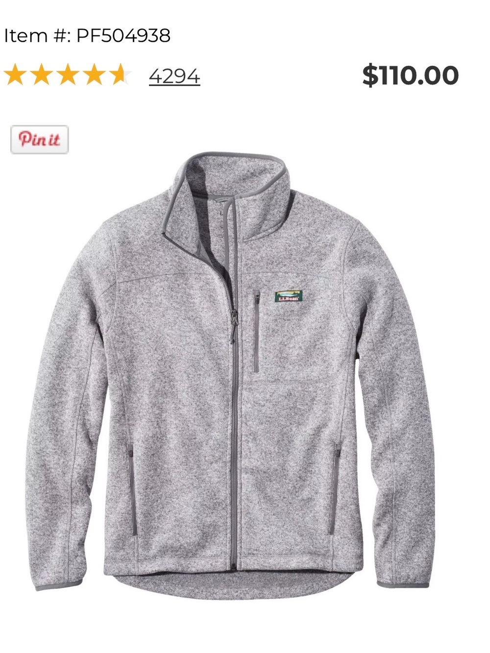 L.L. Bean Mens' Gray Hooded Zip Jacket